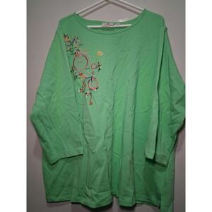 New!! Quacker Factory Women's 2X Green Embroidered Bicycle Long Sleeve Top Shirt